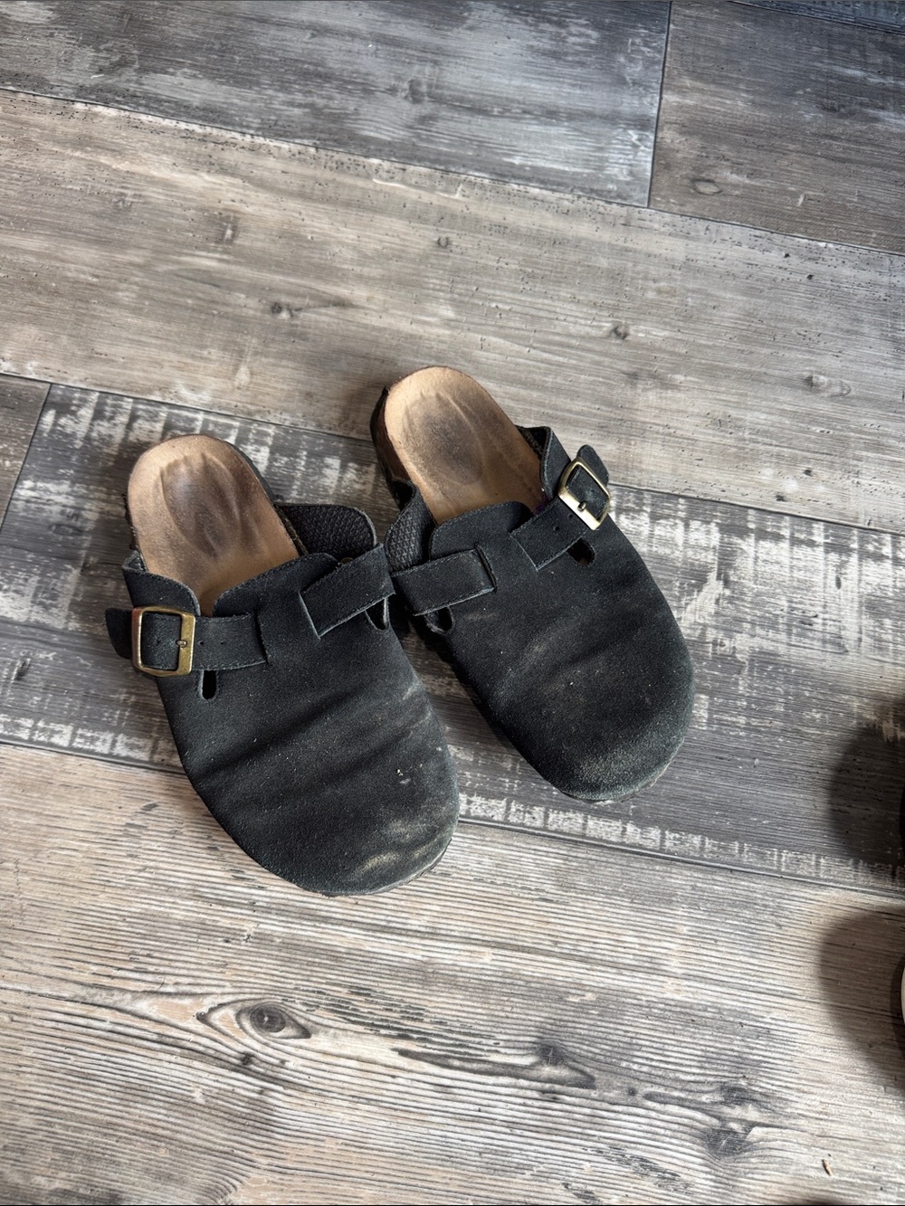 Black Suede Slip-On Buckle Clogs
